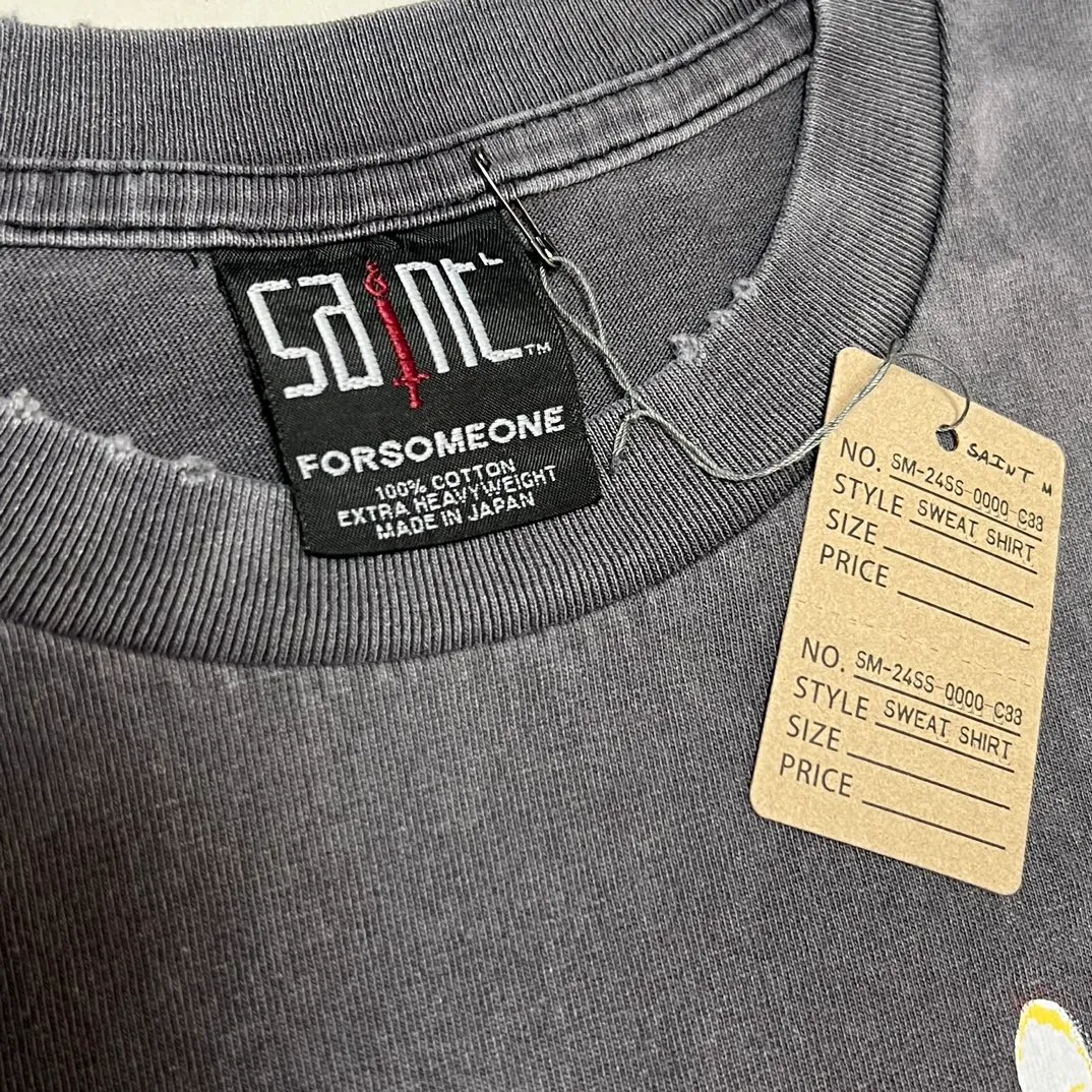 Customized main mark Washing mark SAINT MICHAEL x FORSOMEONE GOD SS TEE/BLACK Nine-inch nail washed and distressed short sleeves Washed black S-XL Ready-made garments dyed distressed and holed Top purchasing level
